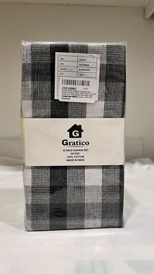  Premium Dinner Napkins Solid Set of 12 Black/White Color 100% Cotton 20''x20''