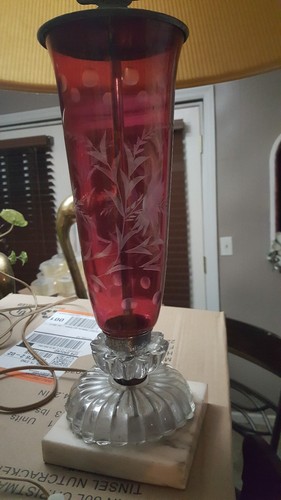Antique CRANBERRY   BOHEMIAN Etched Glass And Marble Base LAMP