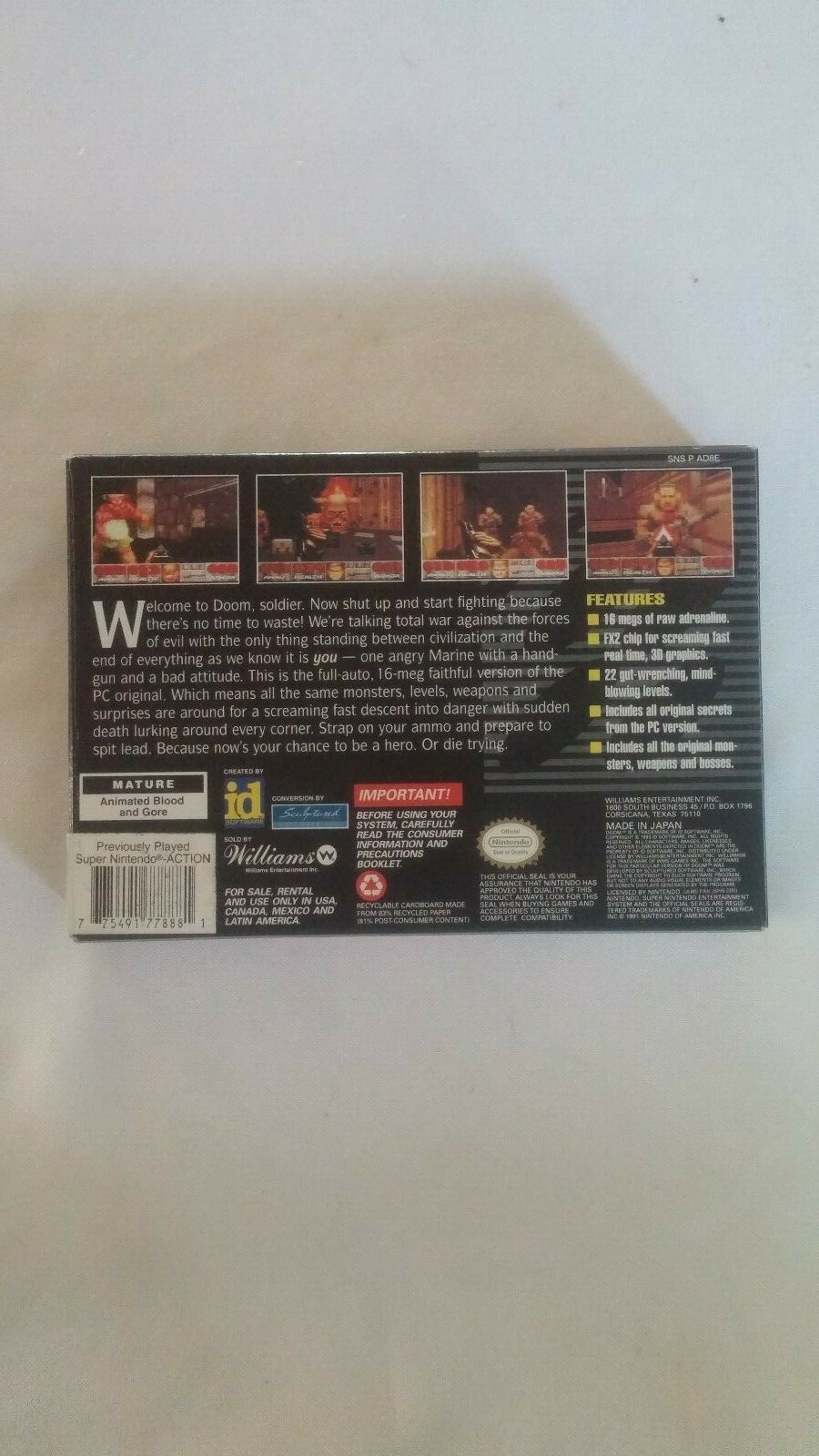 SNES GAME DOOM CIB PLEASE SEE PIC'S