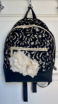 Twinset By Simona Barbieri Lace Backpack Flowers Black Faux Leather Gold Zippers
