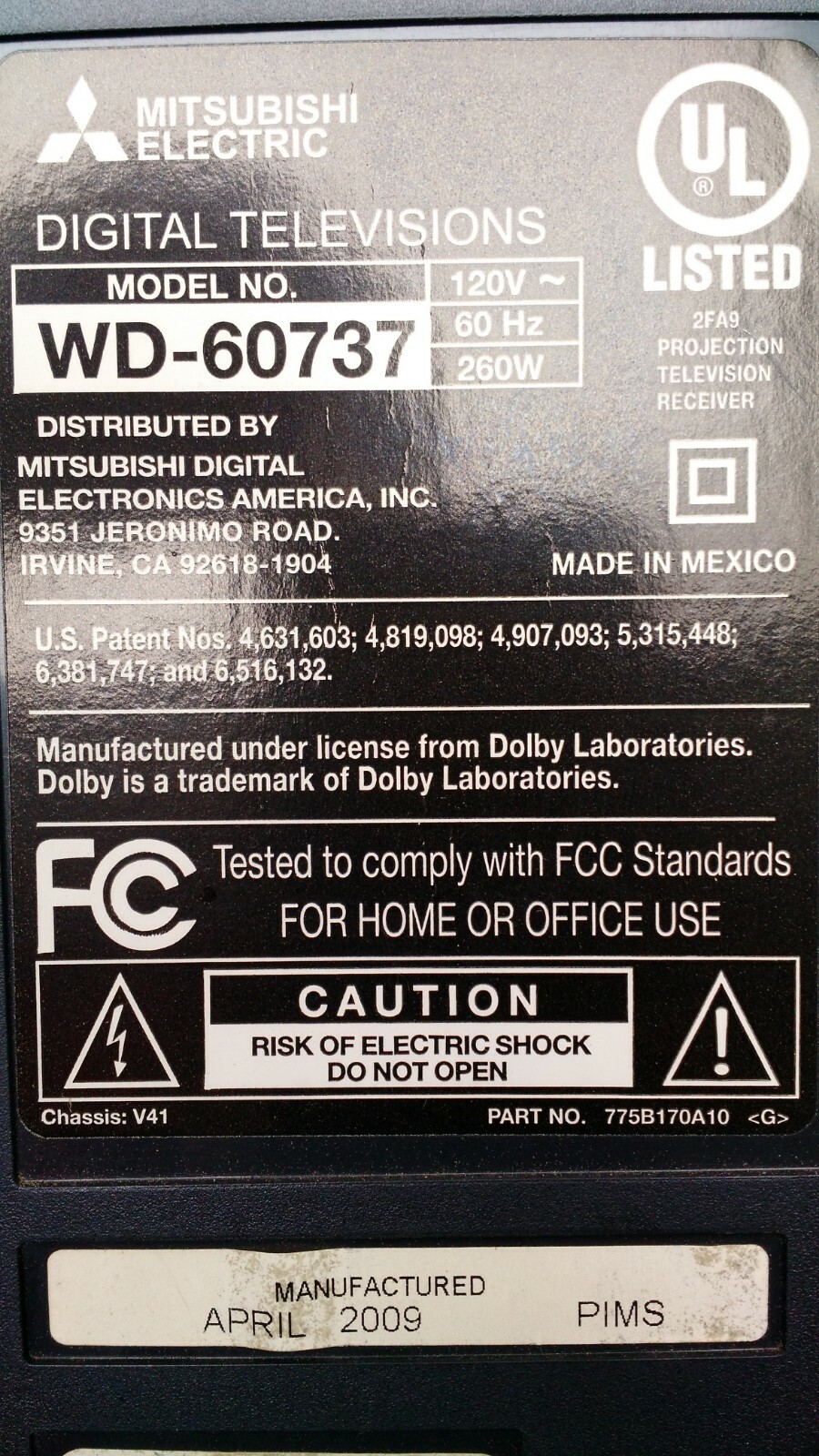 Mitsubishi WD-60737 Lamp Ballast 938P127010/( ZNN2393802_A)  WD-65735 WD-60735