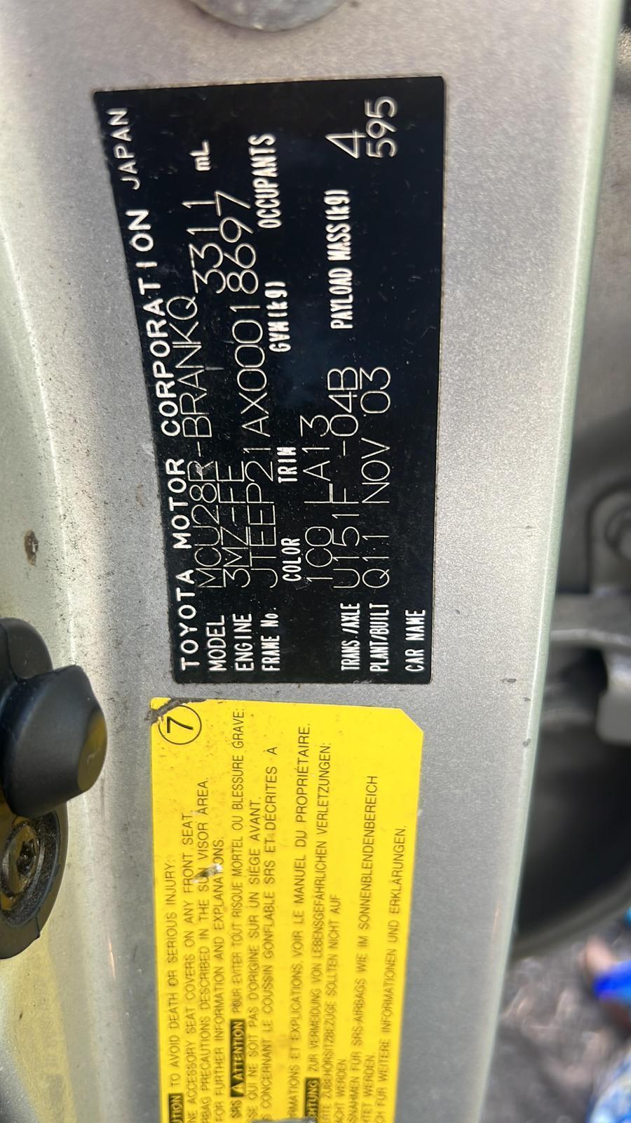 TOYOTA KLUGER 2001-2007 LEFT REAR DOOR MCU28R, 01/01-04/07 - thumbnail 3