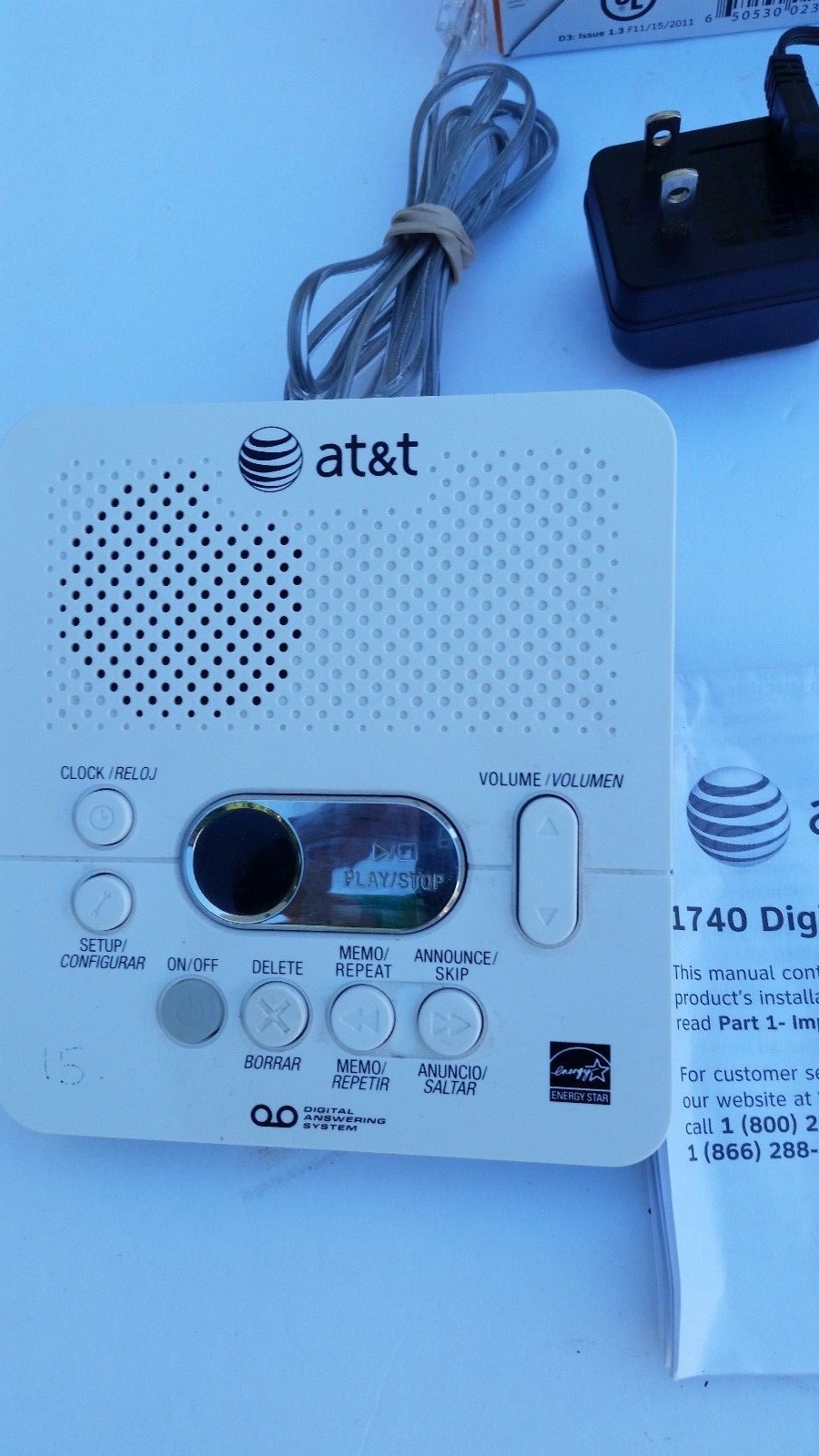 AT&T 1740 Digital Answering Machine System 60 Minutes Recording Time/Date Stamp
