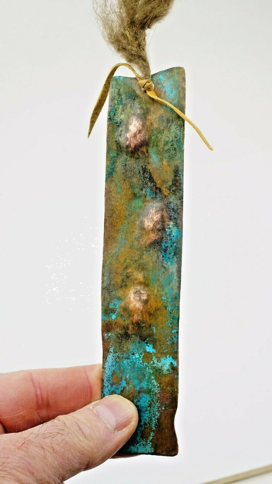 Hand Forged Artisan Copper Bookmark Leather, Bison Hair,  Patina 6