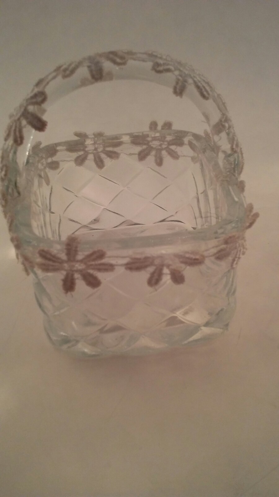Glass Basket trimmed in lace flowers