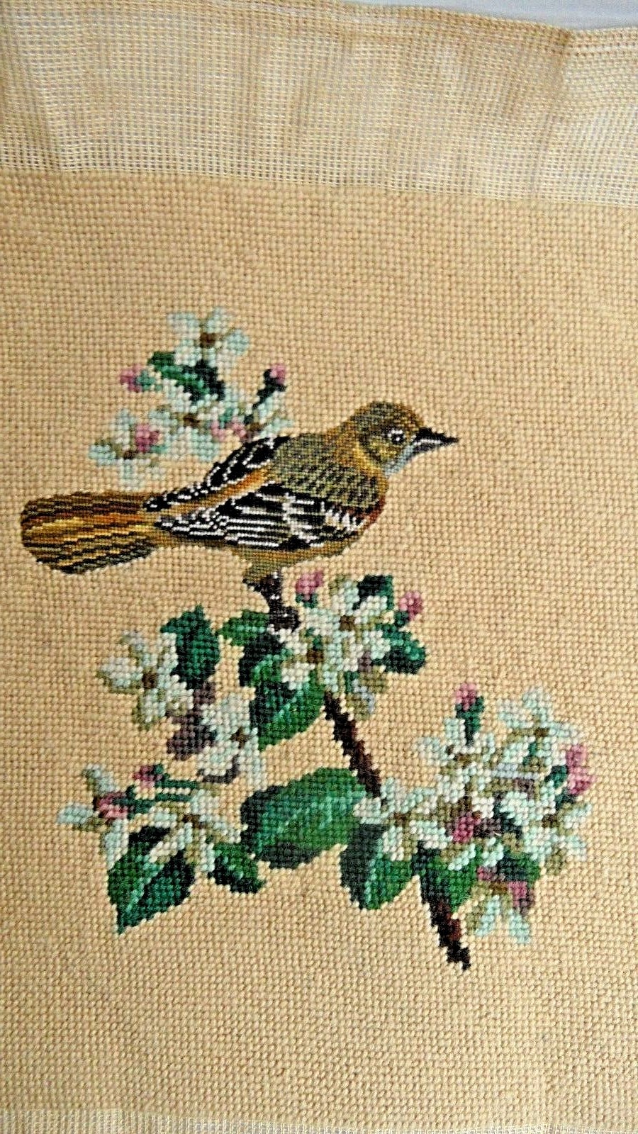 finished needlepoint bird Mockingbird square 13