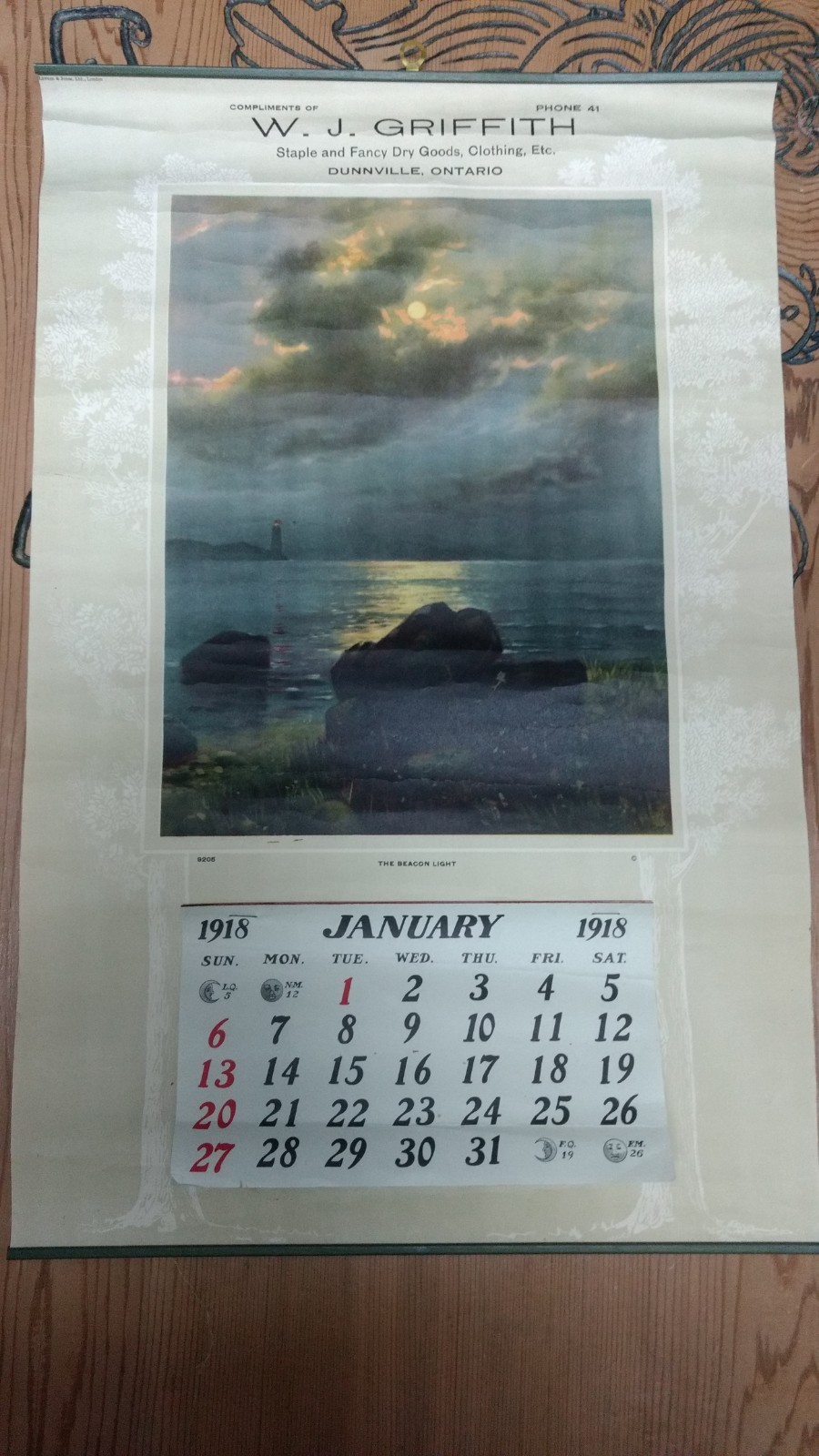 1918 Calendar Vintage Advertising. Lighthouse Scene, Dunnville, ON