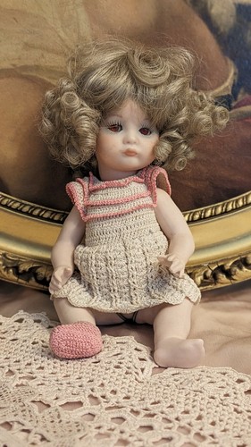 Unique Vintage Red Eyed Porcelain Baby Doll Handmade Crochet Clothes / Creepy