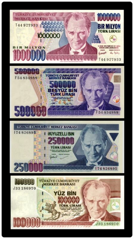 TURKEY 100,000 250,000 500,000 1,000,000 LIRA 4 Pcs 1997-2002 UNC BANKNOTE SET