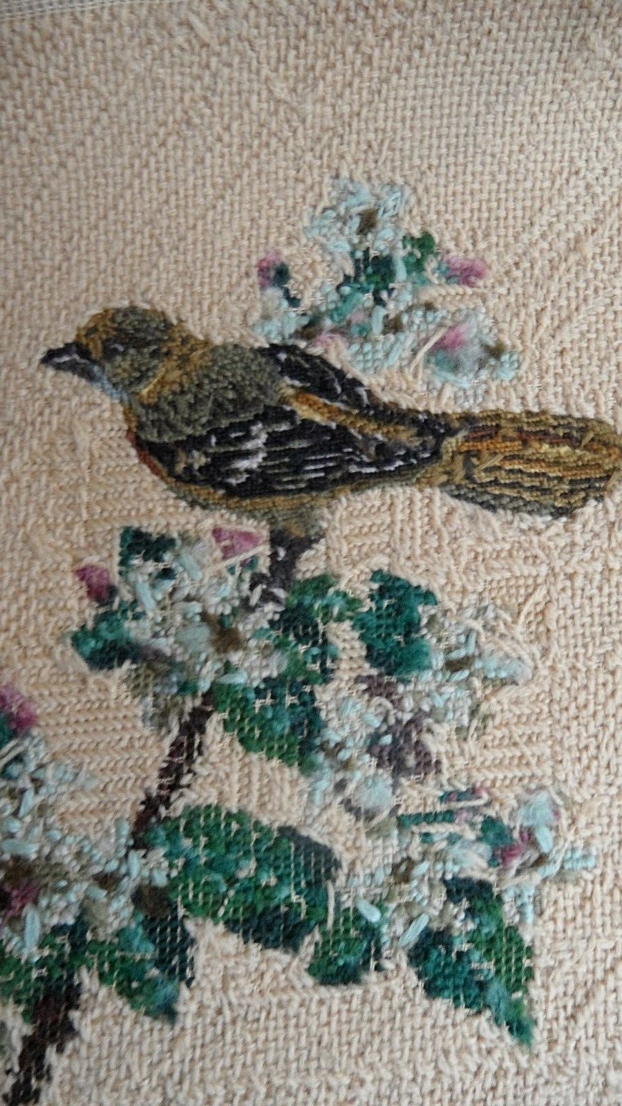 finished needlepoint bird Mockingbird square 13