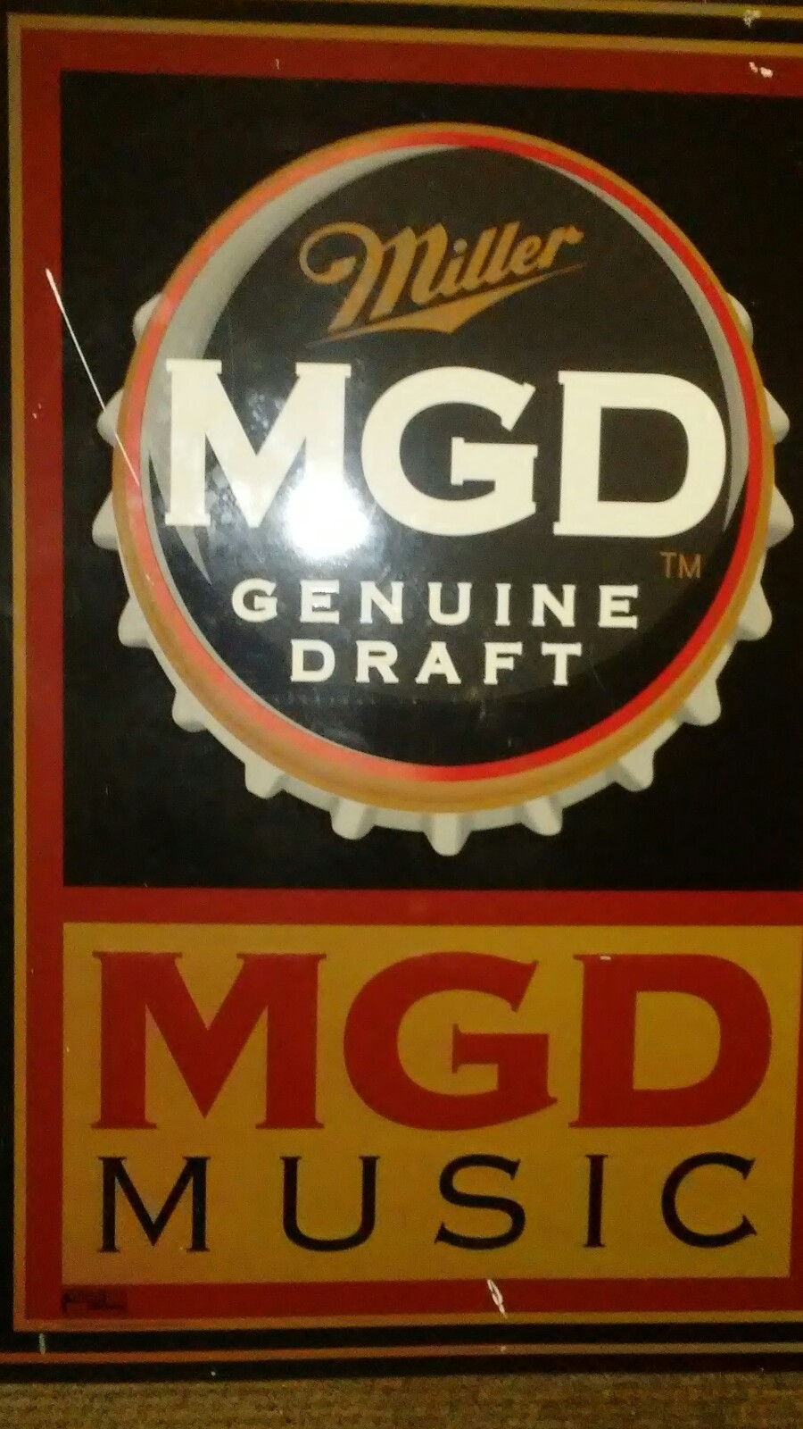 MILLER GENUINE DRAFT BEER EMBOSSED METAL TIN BEER SIGN  35 1/2 X 35 1/2 PREOWNED