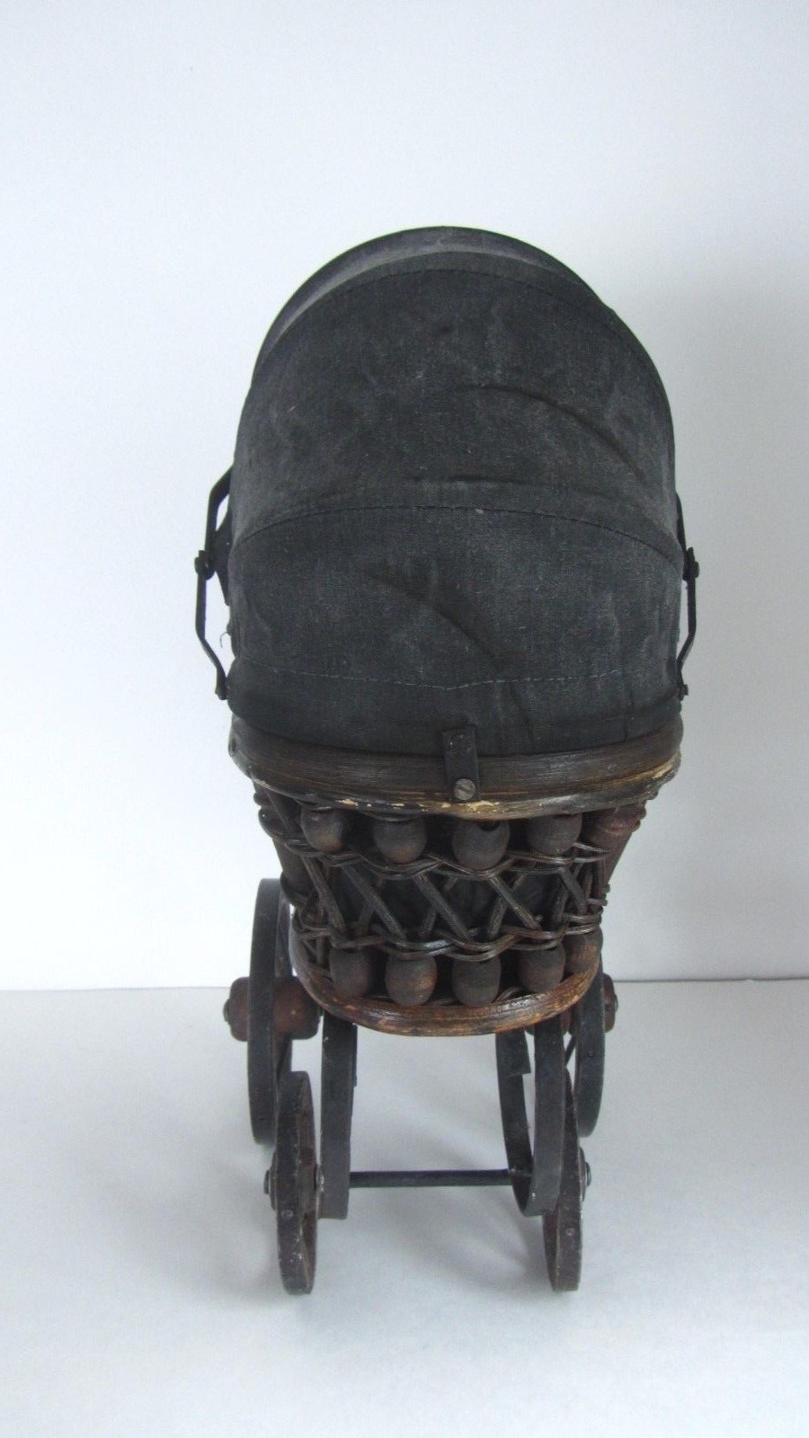 VINTAGE DOLL BUGGY,PRAM, CARRIAGE MADE OF WOOD,WICKER AND WROUGHT IRON