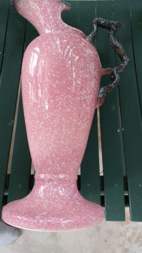 Vintage hull pitcher 14 in mottled pink twig handle MCM art deco w24 USA