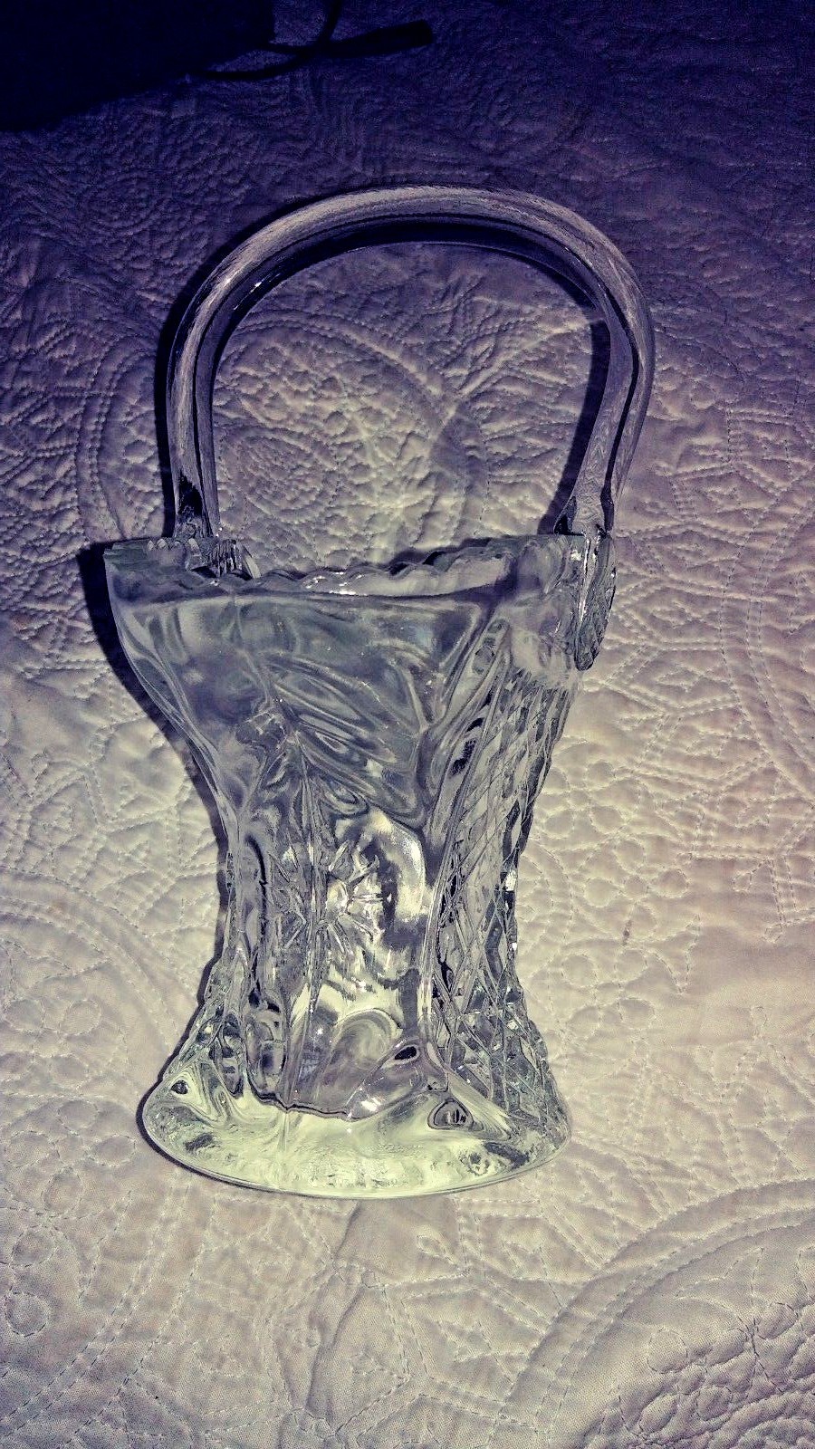 Clear Diamond Cut Glass Sun On Sides Large Basket With Handle scalloped edges