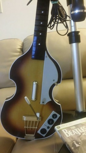 Wireless Xbox 360 Rock Band Drum Set + 3 Games MIC Beatles Hofner Guitar Bundle
