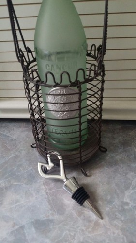 Home Decor Set Bar Wire Basket w/Green Frosted Cancun Mexico Tequila Bottle