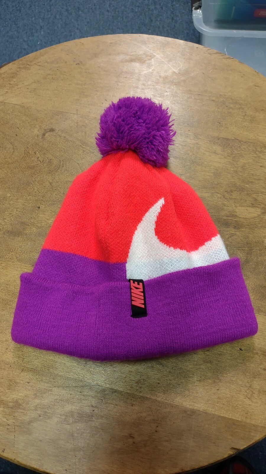 Nike Swoosh Logo Multicolor Knit Beanie Hat Cap Pom Pom