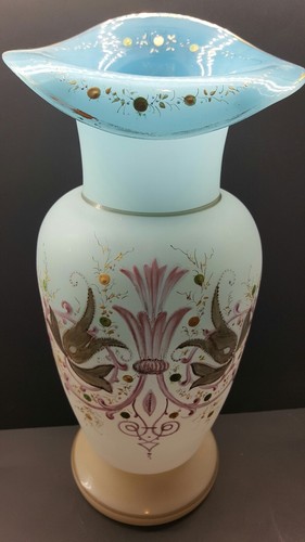 VINTAGE blue GLASS FLOWER VASE, ANTIQUE, (14IN. TALL), HAND PAINTED, COLLECTIBLE