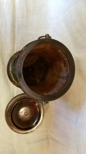 Antique Wood And Brass Paint Decorated  Covered Container w/ dog