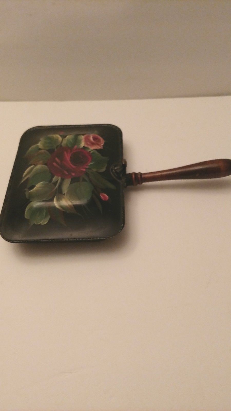 Vintage TOLE  Hand Painted Metal with Wood Handle Crumb Catcher Bin Pan Floral