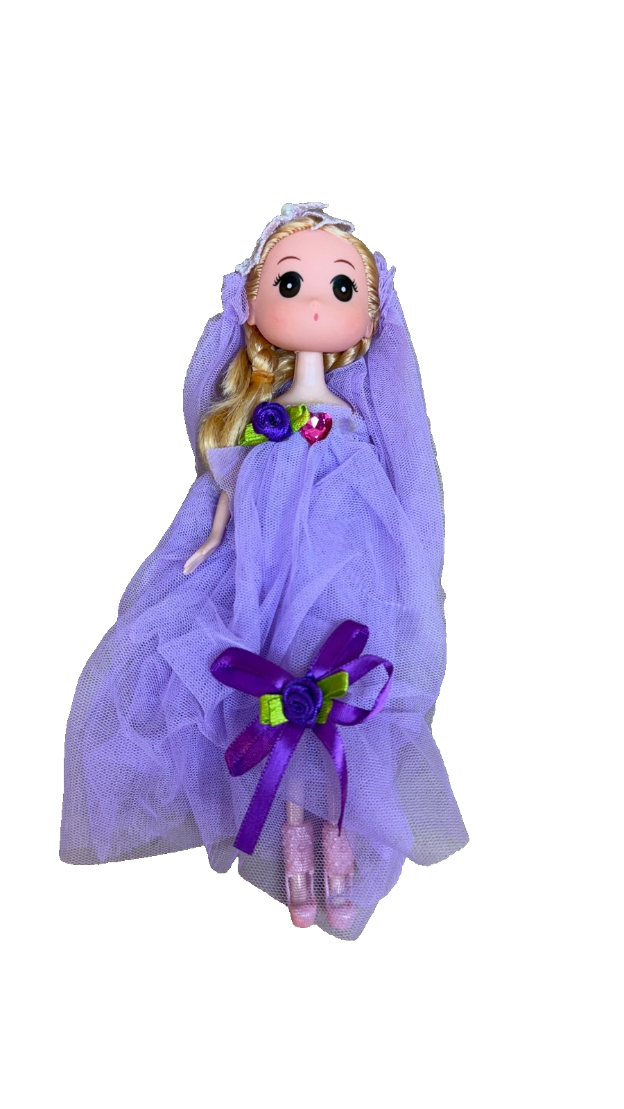 Vintage 8" PURPLE PRINCESS BRIDE DOLL Blonde Braids Tulle Dress Pink Shoes