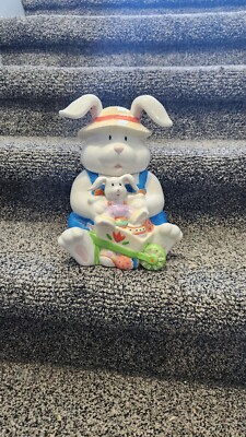 Ceramic Daddy And Baby Bunny Rabbit Cookie Jar