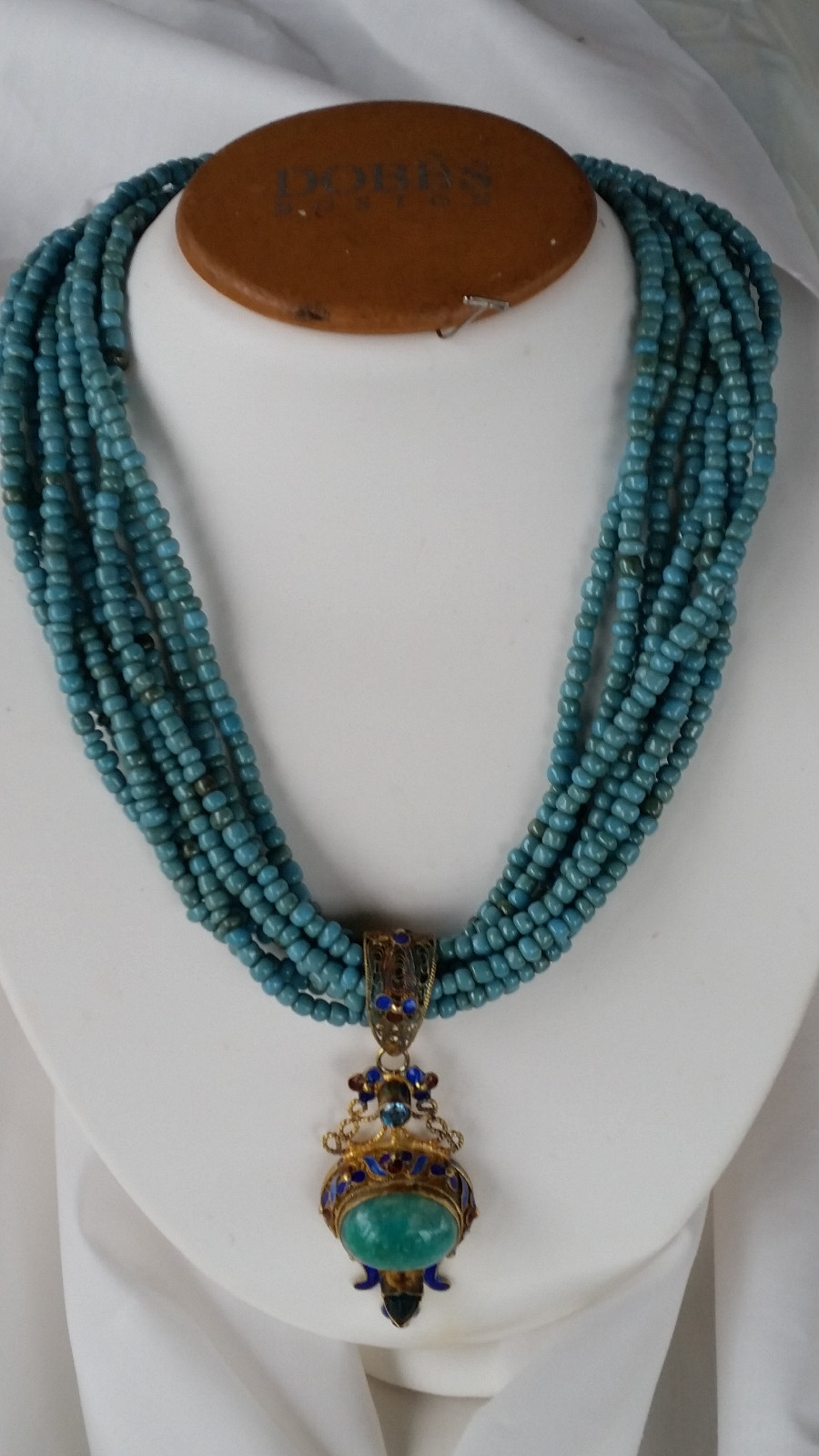 GOLD MONGOLIAN FILIGREE ENAMEL BLUE TOPAZ EMERALD AMAZONITE PENDANT NECKLACE