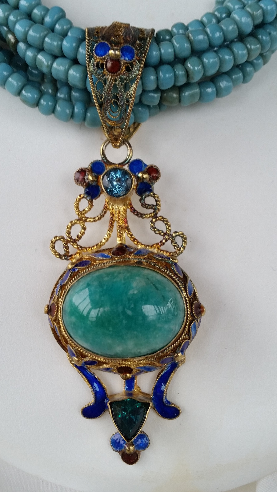 GOLD MONGOLIAN FILIGREE ENAMEL BLUE TOPAZ EMERALD AMAZONITE PENDANT NECKLACE