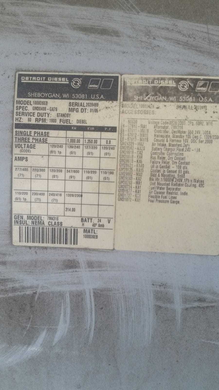 1000kW Detroit Diesel Generator - 2300V - 2005MFG