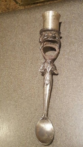 PROHIBITION FIGURAL TWO SIDED BOTTLE OPENER SPOON & SHOT CUP GLASS BARWARE
