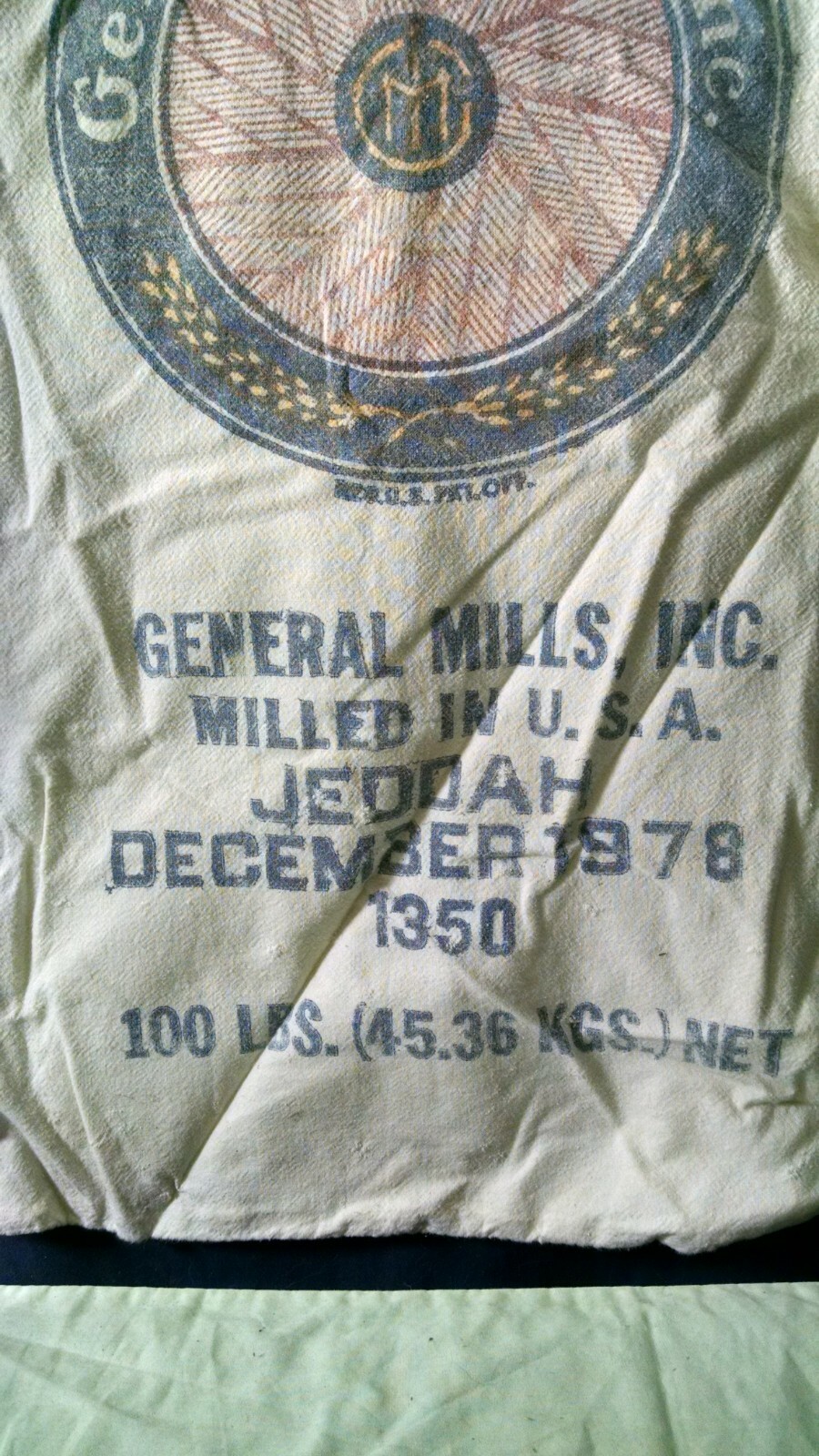 Vintage General Mills Vulcano Flour for Export 100 Lbs Bag Sack Cloth 1978