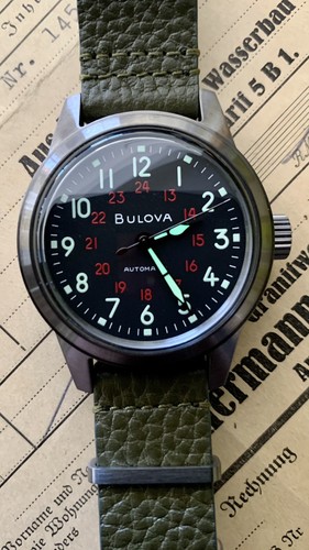 Bulova Hack 38MM Black Dial Military Green Leather Strap Bulova Hack 38MM Black Dial Military Green Leather Strap