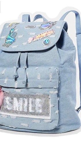 Justice Backpack Rucksack Flip Sequin Happy/Smile Denim Brand W/ Pink Pom Pom