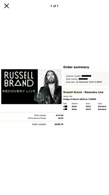 Russell Brand Melbourne Tickets Stalls Row K X 2 6 47 3 47 20