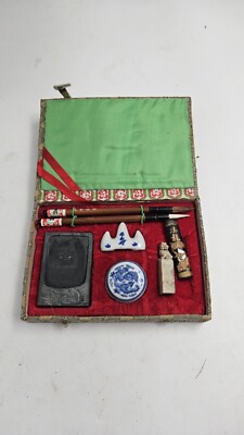 Vintage Chinese Calligraphy Set Old Writing Box Kit - Brushes Ink Stamp #a2