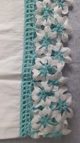 Vintage Pillowcase Hand Crocheted and Lace Flowers Aqua White