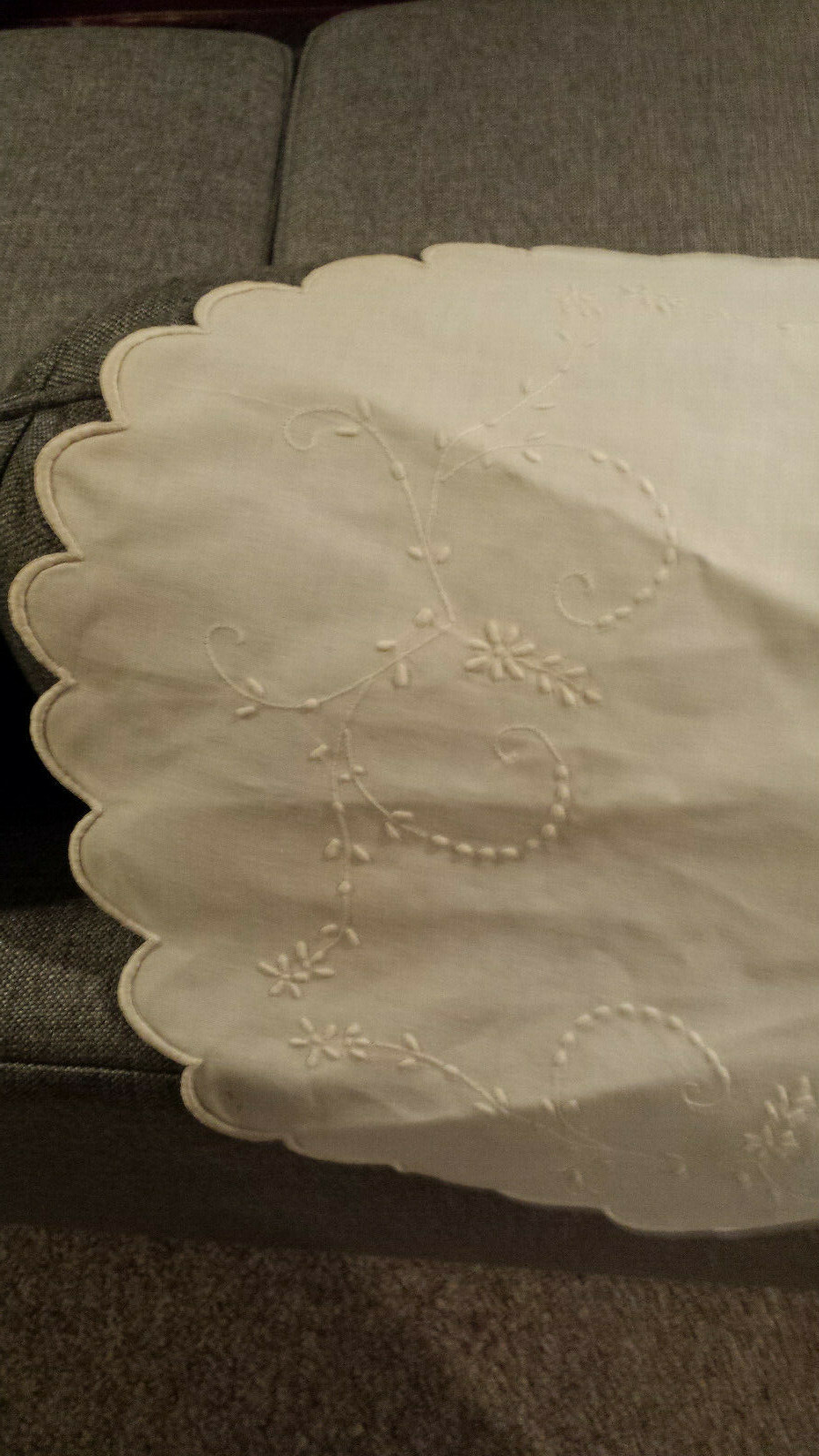 Round Crewel table runner vintage off white cloth