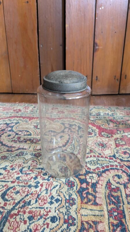 Antique Early Country Glass Apothecary Storage Jar Tin Lid Slender Form 7.75"