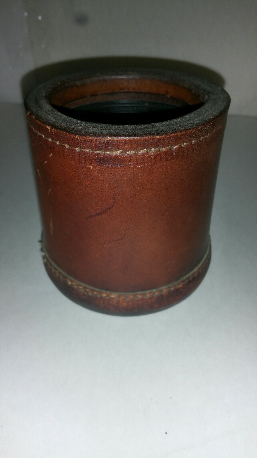 Vintage Stitched Brown Leather Dice Cup Ribbed Interior w/4 Dice Free Ship USA