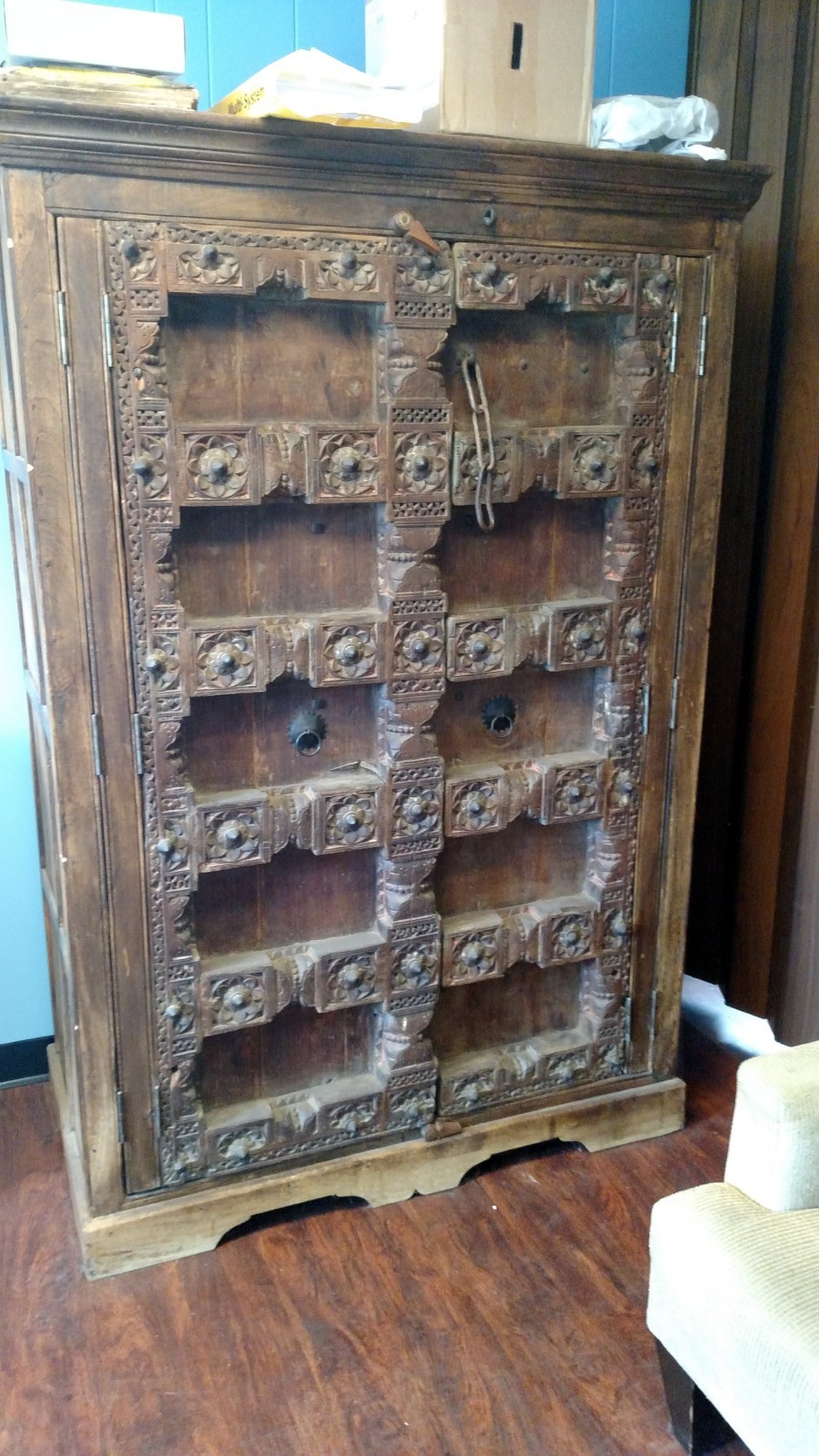 Antique Beautifully Hand Carved Wood Armoire From Indonesia or India OLD RARE