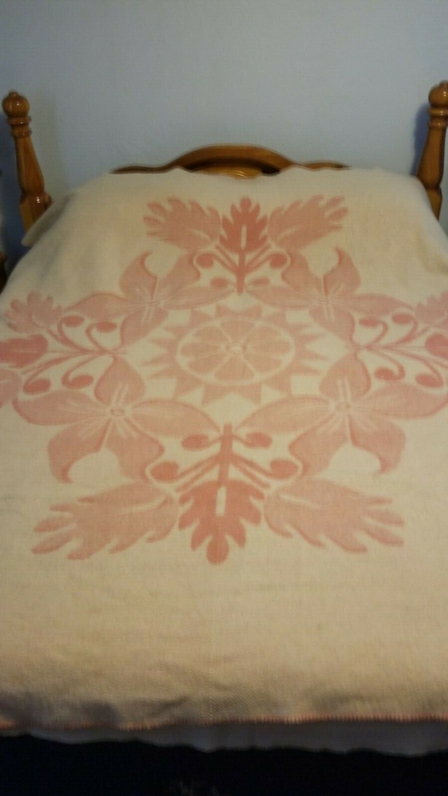 Vintage Art Deco Pink Creme Floral Reversible ORR Health Wool Blanket 72 x 82