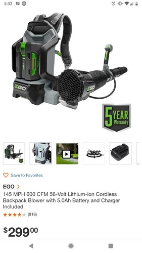 EGO Backpack Blower 145 MPH 600 CFM 56-Volt Lithium-ion Cordless W 5.0Ah Battery