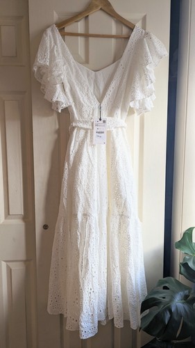 NWT $129 ZARA 100% COTTON V-NECK MIDI DRESS CUTWORK