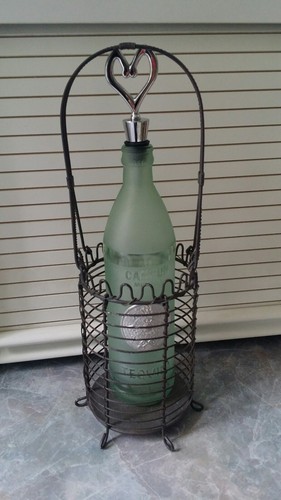 Home Decor Set Bar Wire Basket w/Green Frosted Cancun Mexico Tequila Bottle