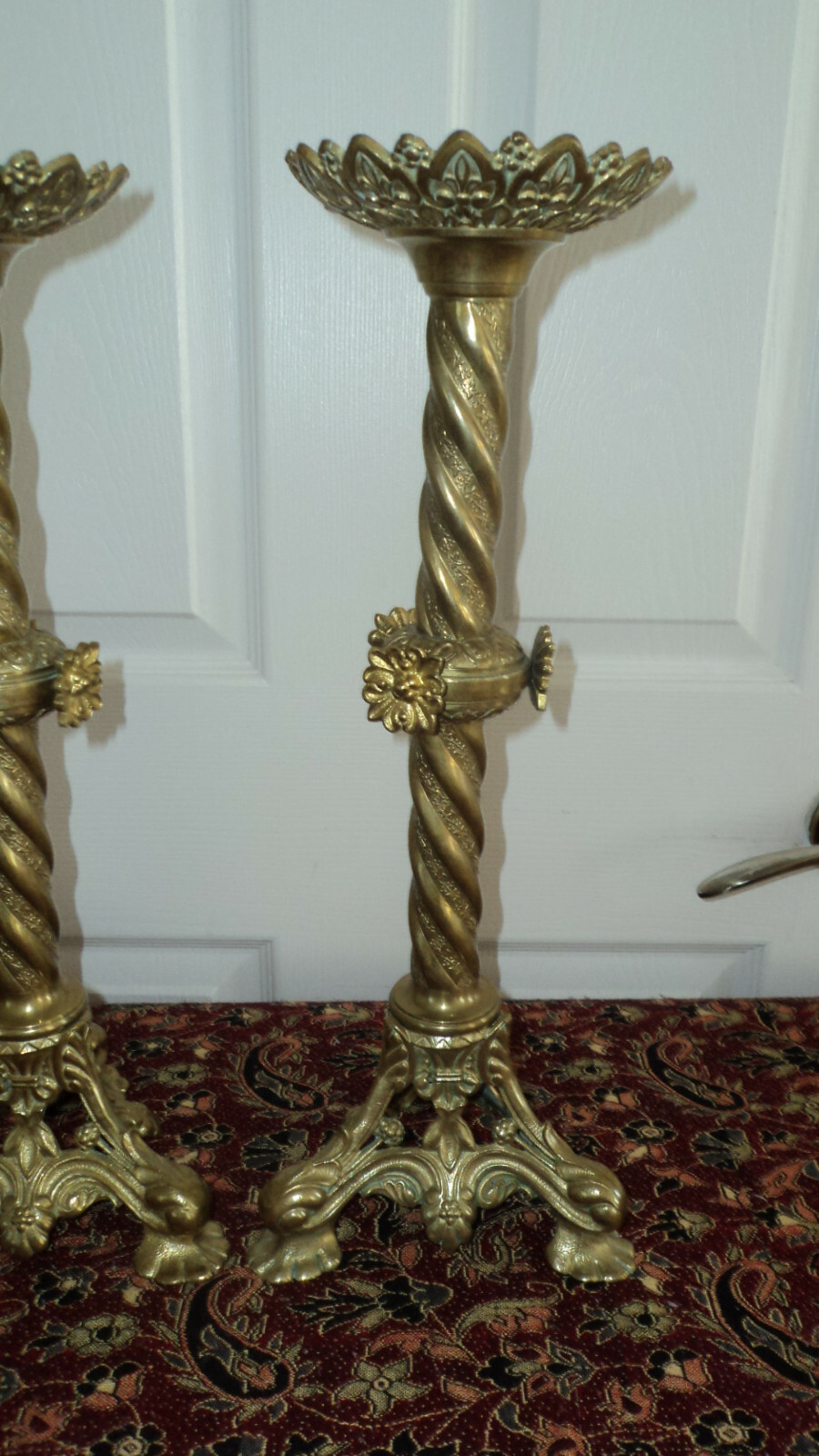 vintage pair religious church alter brass candle holders 17 3/4