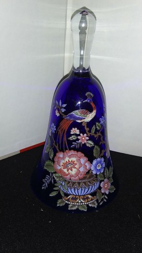VINTAGE PAINTED COBALT BLUE BELL with Peacocks-6.5