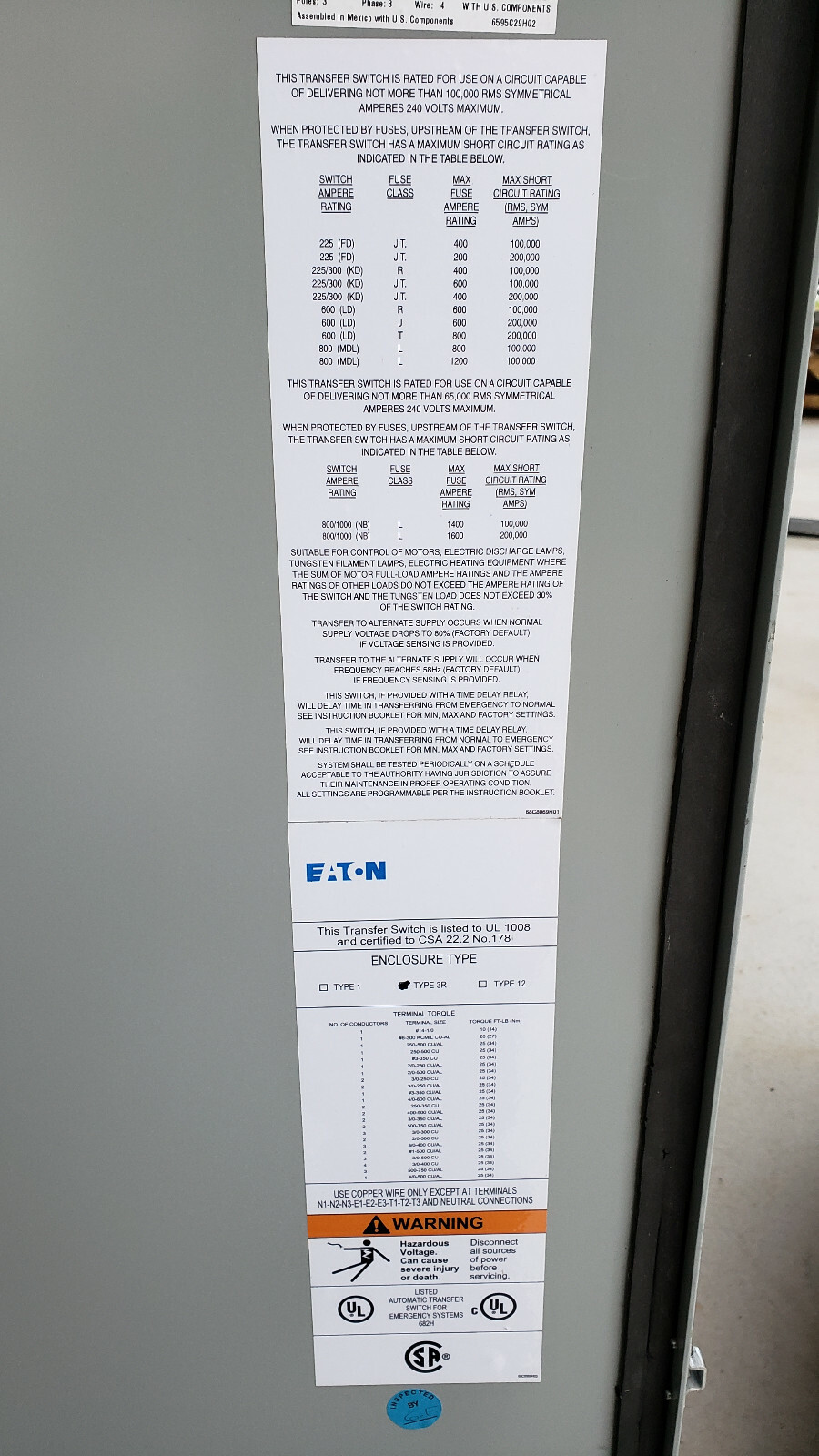 Cutler-Hammer Transfer Switch Eaton ATC-300 600A