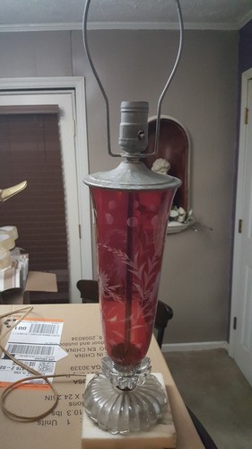 Antique CRANBERRY   BOHEMIAN Etched Glass And Marble Base LAMP