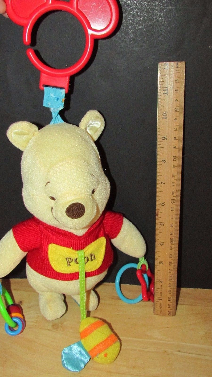 Disney Winnie the Pooh plush chime rattle hanging crib stroller toy ring clip