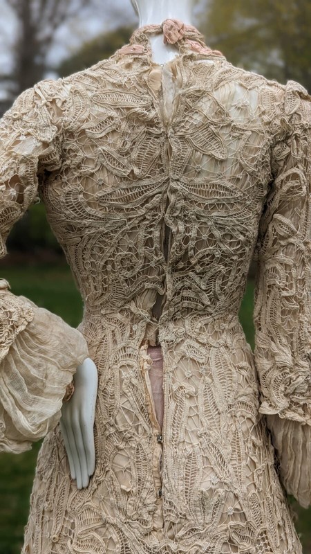 battenburg lace dress VICTORIAN HAND MADE BATTENBURG LACE DRESS W BELL SLEEVES + TRAIN